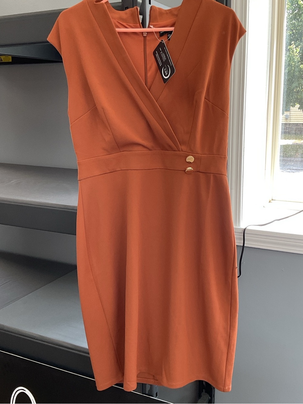 Maggy London Rust Wrap Front Sheath Dress Gold Button Accent